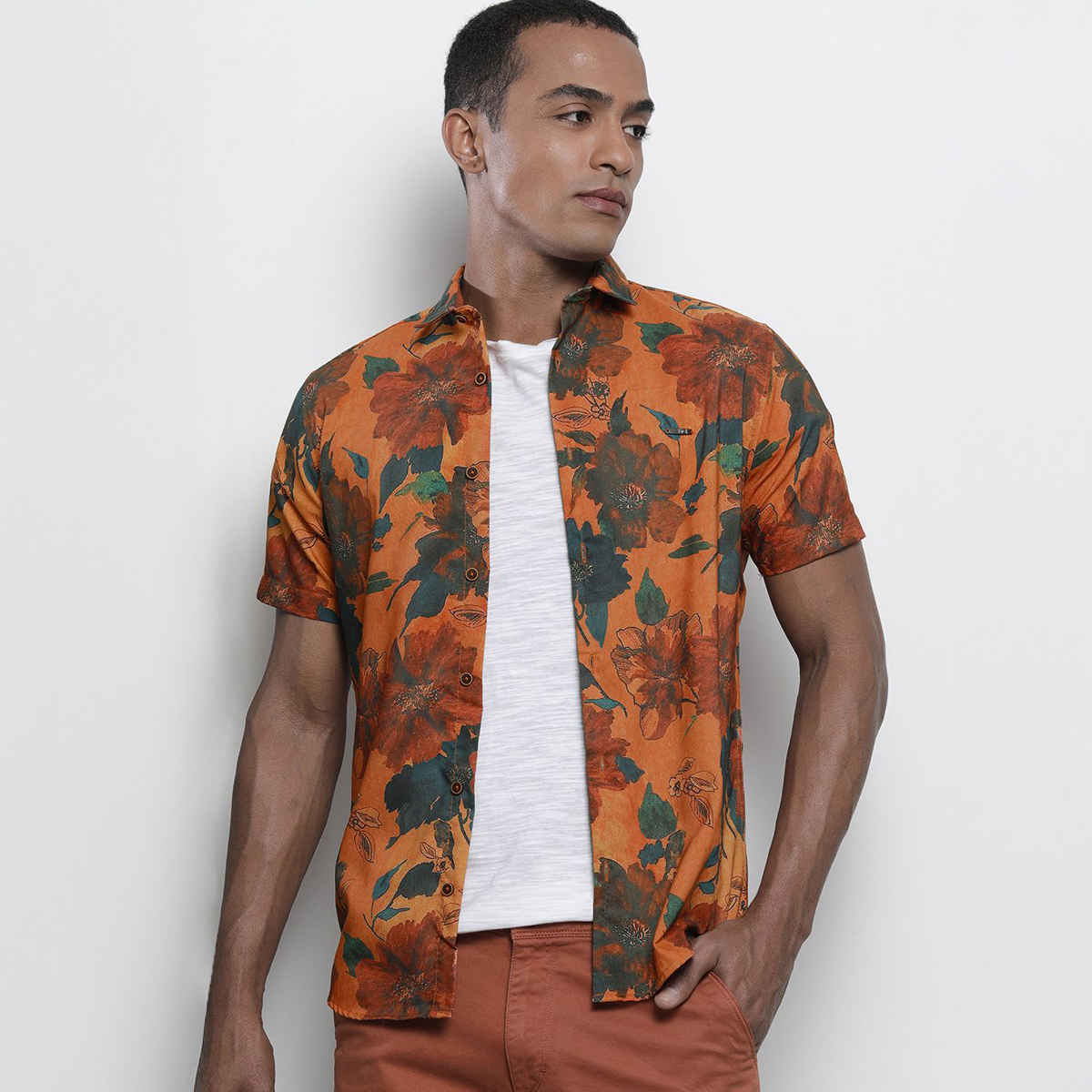 The Indian Garage Co Men's Slim Fit Floral Print Resort Half Sleeve Shirt | Orange - M