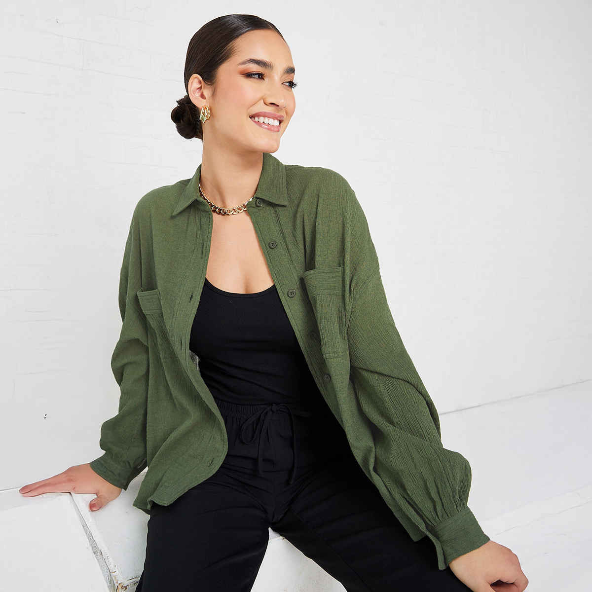 Styli Women's Casual Wear Solid Spread Collar Long Sleeves Regular Fit Longline Shirts | Khaki - L