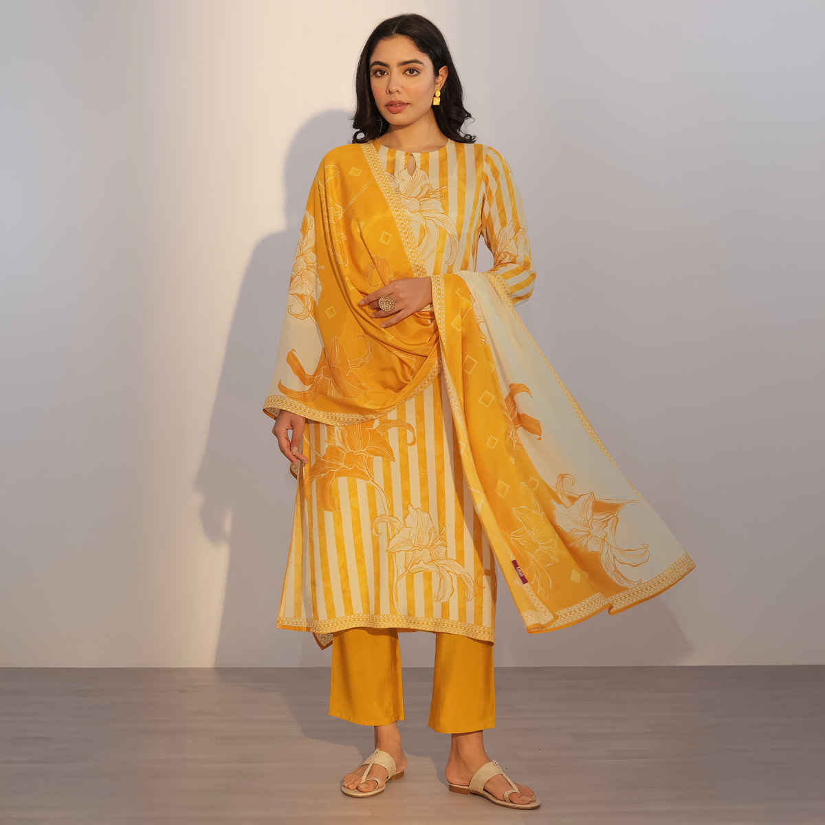 Libas Printed Silk Blend Straight Suit With Dupatta | 400289H | Mustard - M