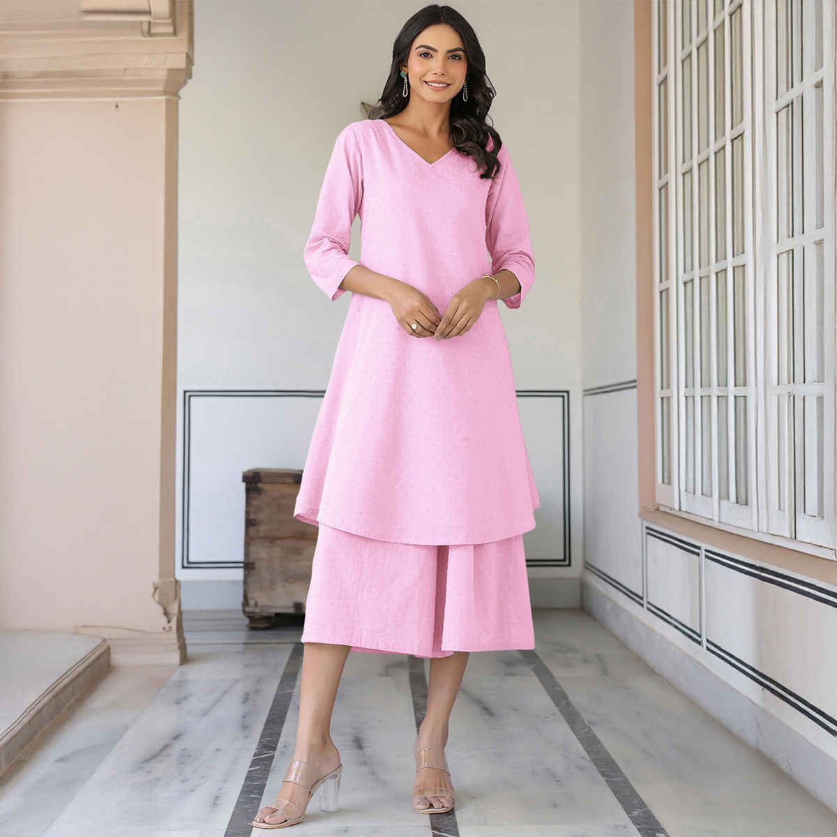Janasya Women's Pure Cotton Self Design A-line Kurta With Culotte Pant Set | Pink Dobby - XS