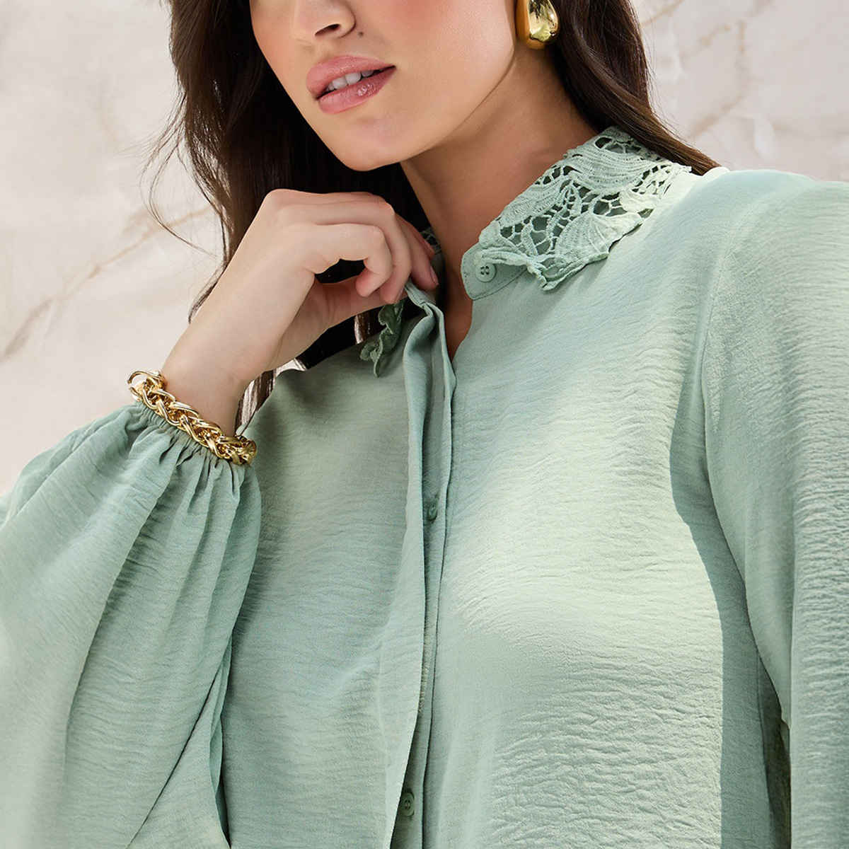 Styli Women's Relaxed Fit Shirt with Lace Collar, Placket Detail and Solid Design | Green - L