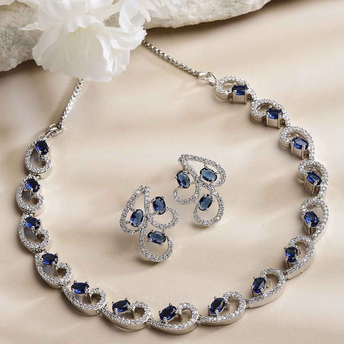 Zeneme Rhodium-Plated Silver-Toned Blue American Diamond Necklace Set & Earrings For Women & Girls