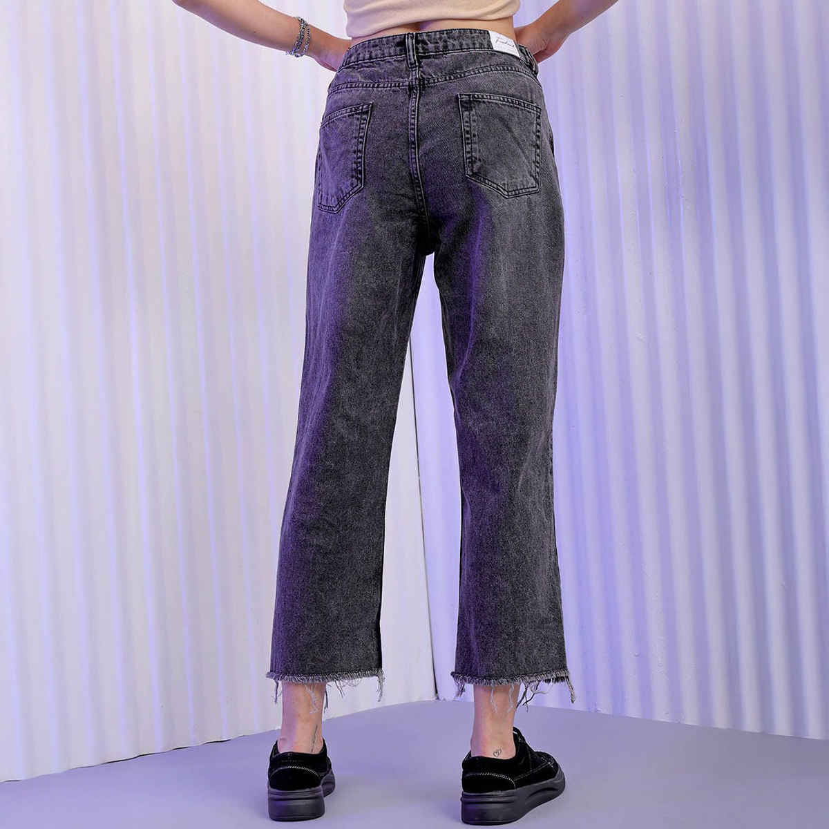 Freehand Women's High Waist Distressed Straight Fit Torn Denim Jeans | Grey - 32