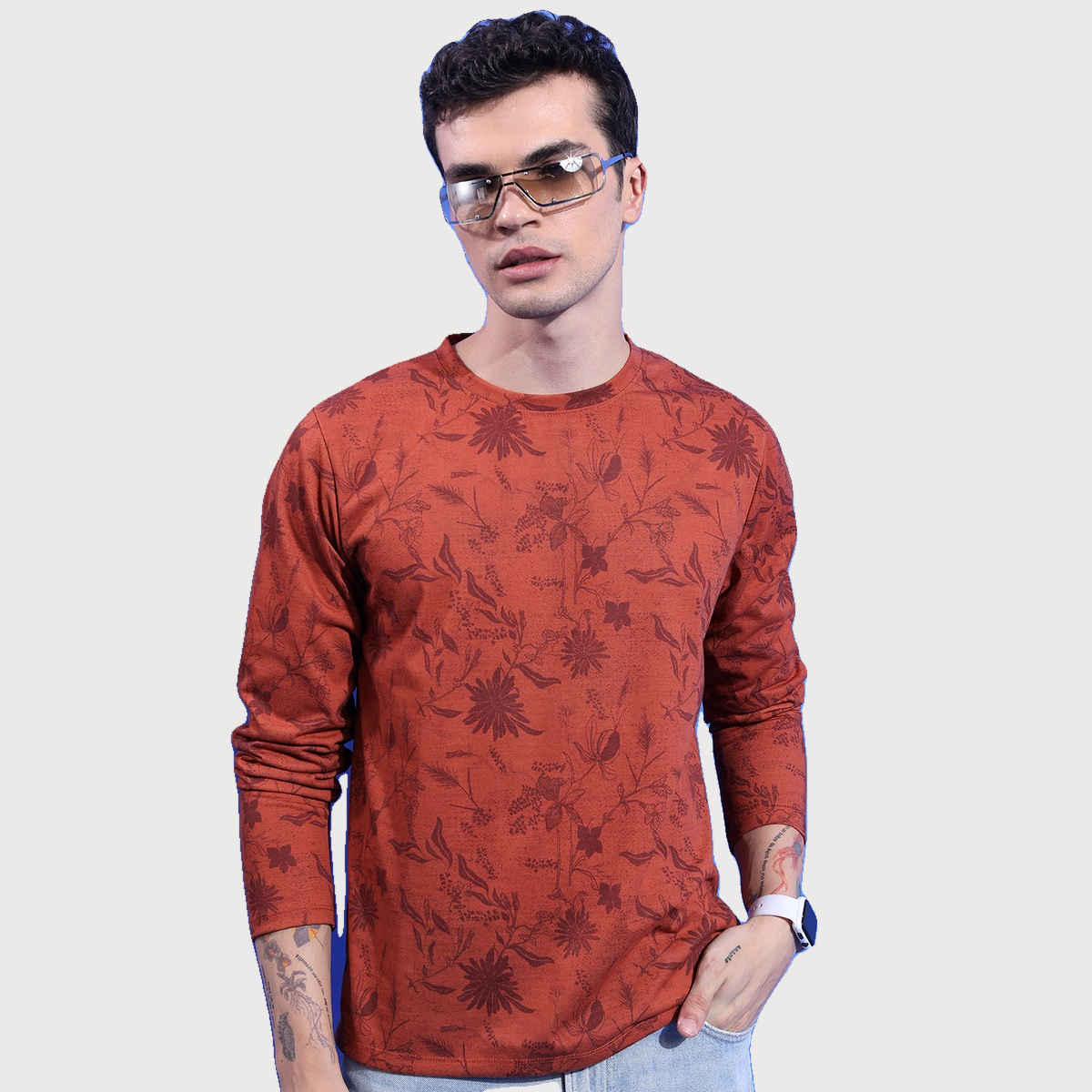 Ketch Men Relaxed Fit Floral Printed Long Sleeves T-Shirt | Brown | M