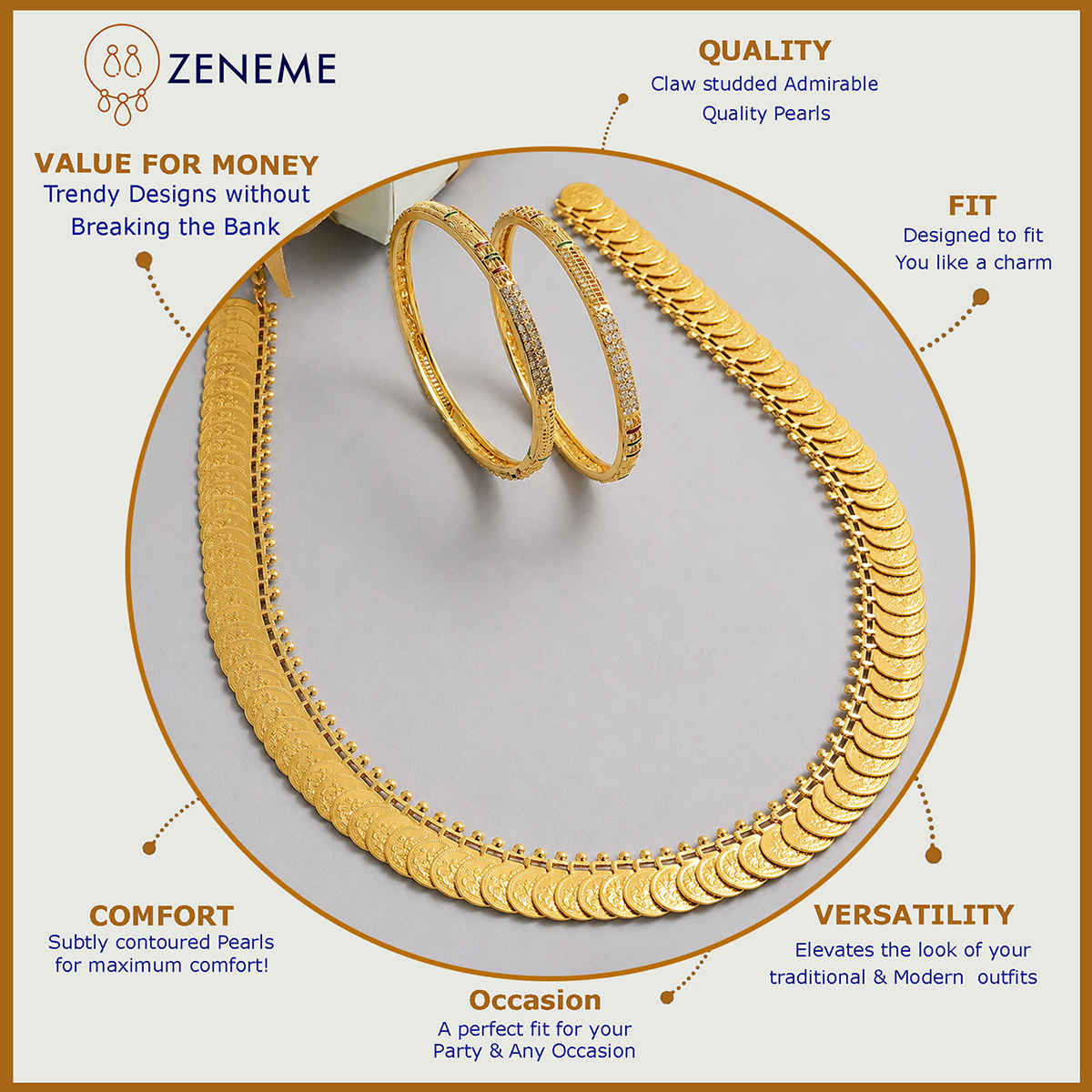 Zeneme Women's Gold-Plated South Indian Red Lakshmi Kasu Coin Temple Necklace