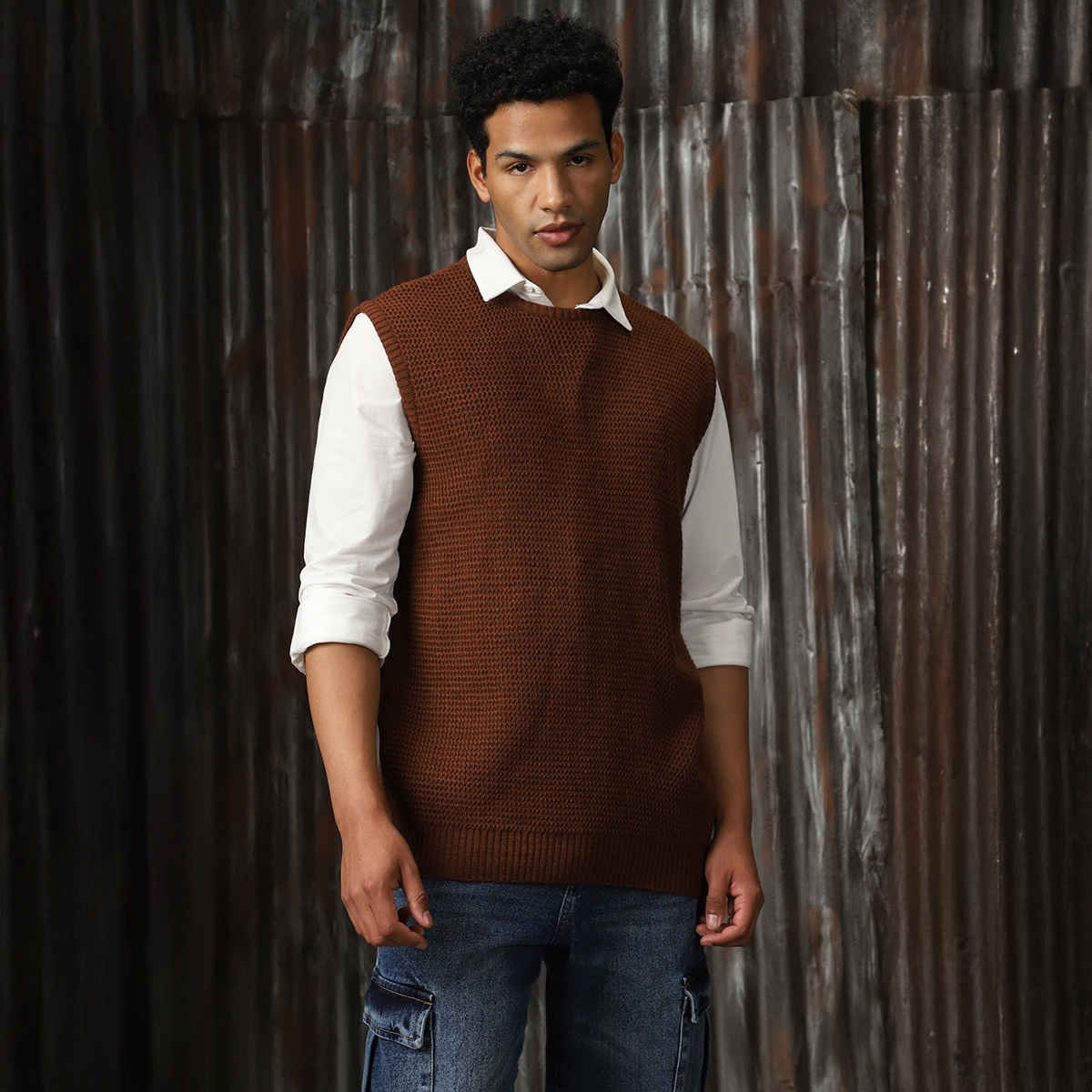 High Star Men's Sleeveless Round Neck Pullover Vest | Brown - XL