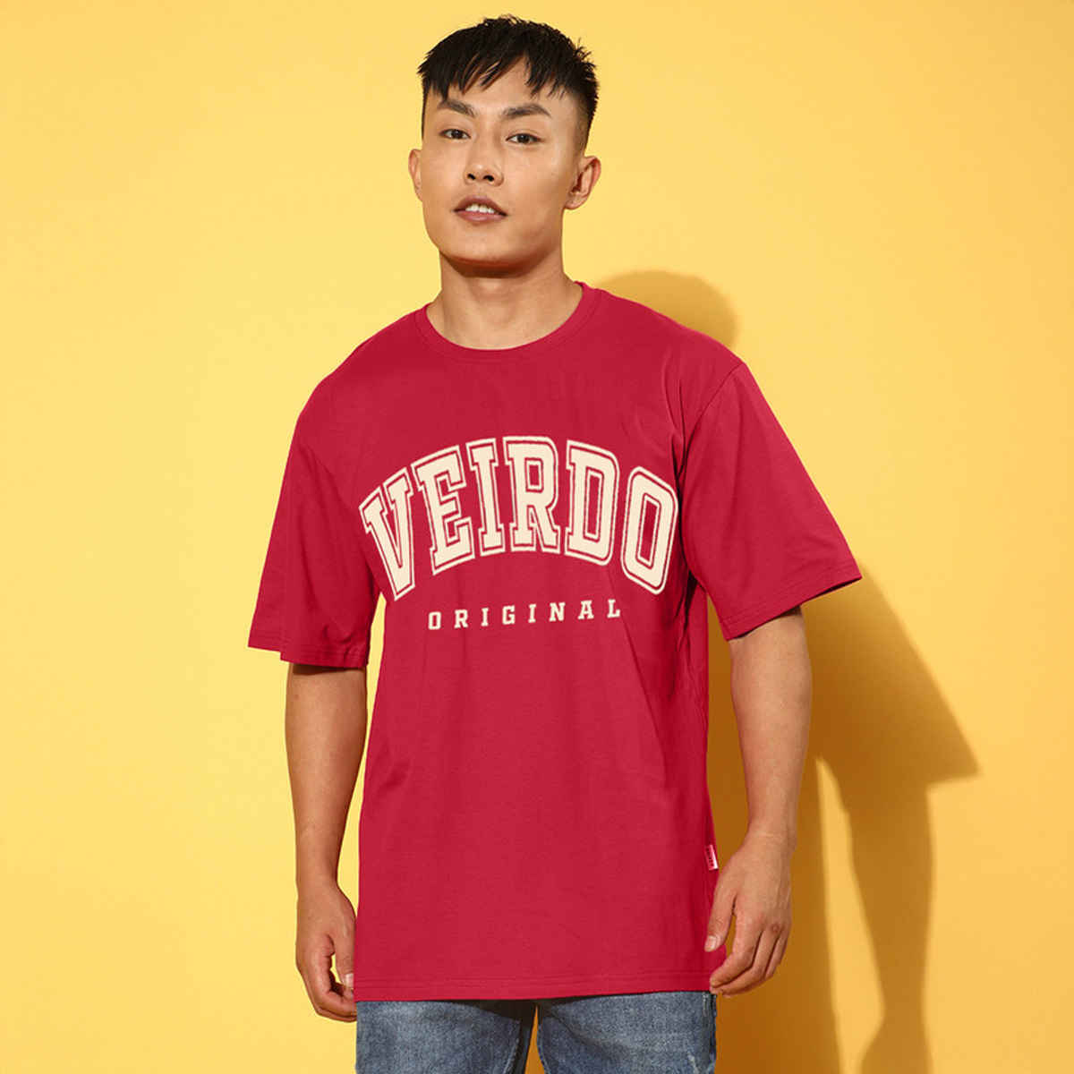 Veirdo Pure Cotton Oversized Fit Round Neck Red Printed T-Shirt For Men - M