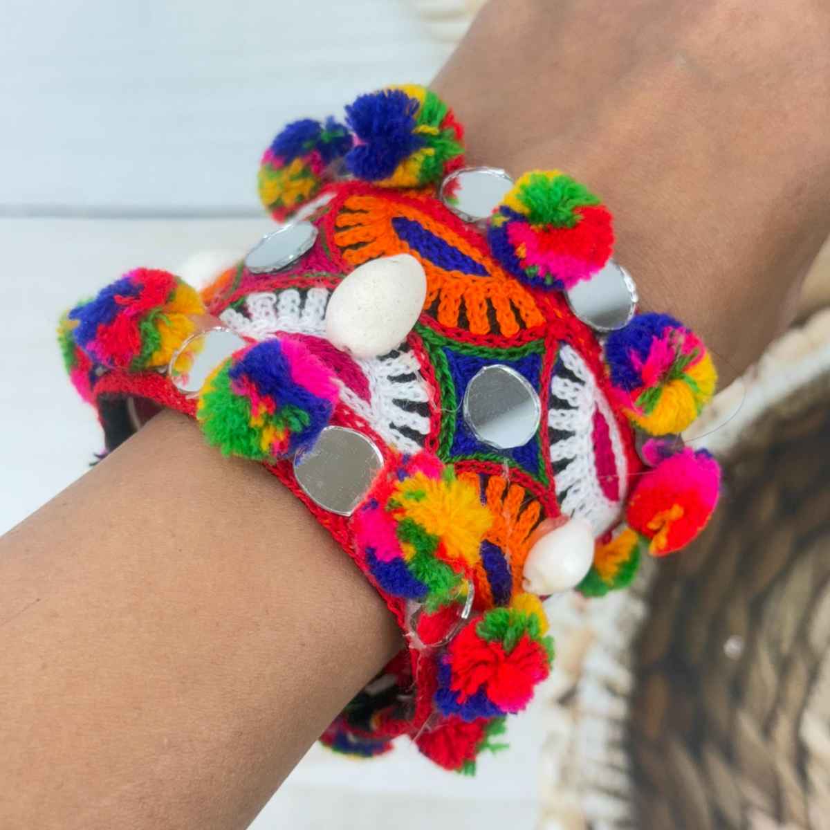 The Opal Factory Thread work Multicolour Flexible Bangle Kada with Pom Poms and Mirror | Free Size