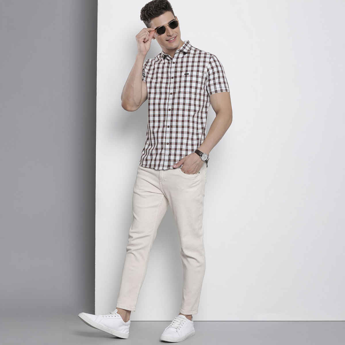 The Indian Garage Co Men's Slim Fit Checkered Casual Half Sleeve Shirt | Brown - M