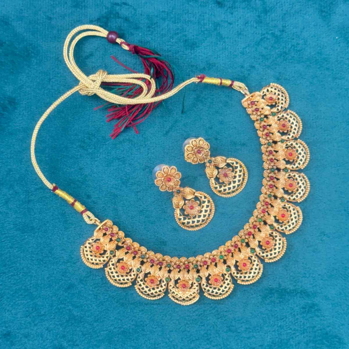 The Opal Factory Choker Necklace Set Flower, Leaf, Crescent Motifs with Stone Work and Earrings