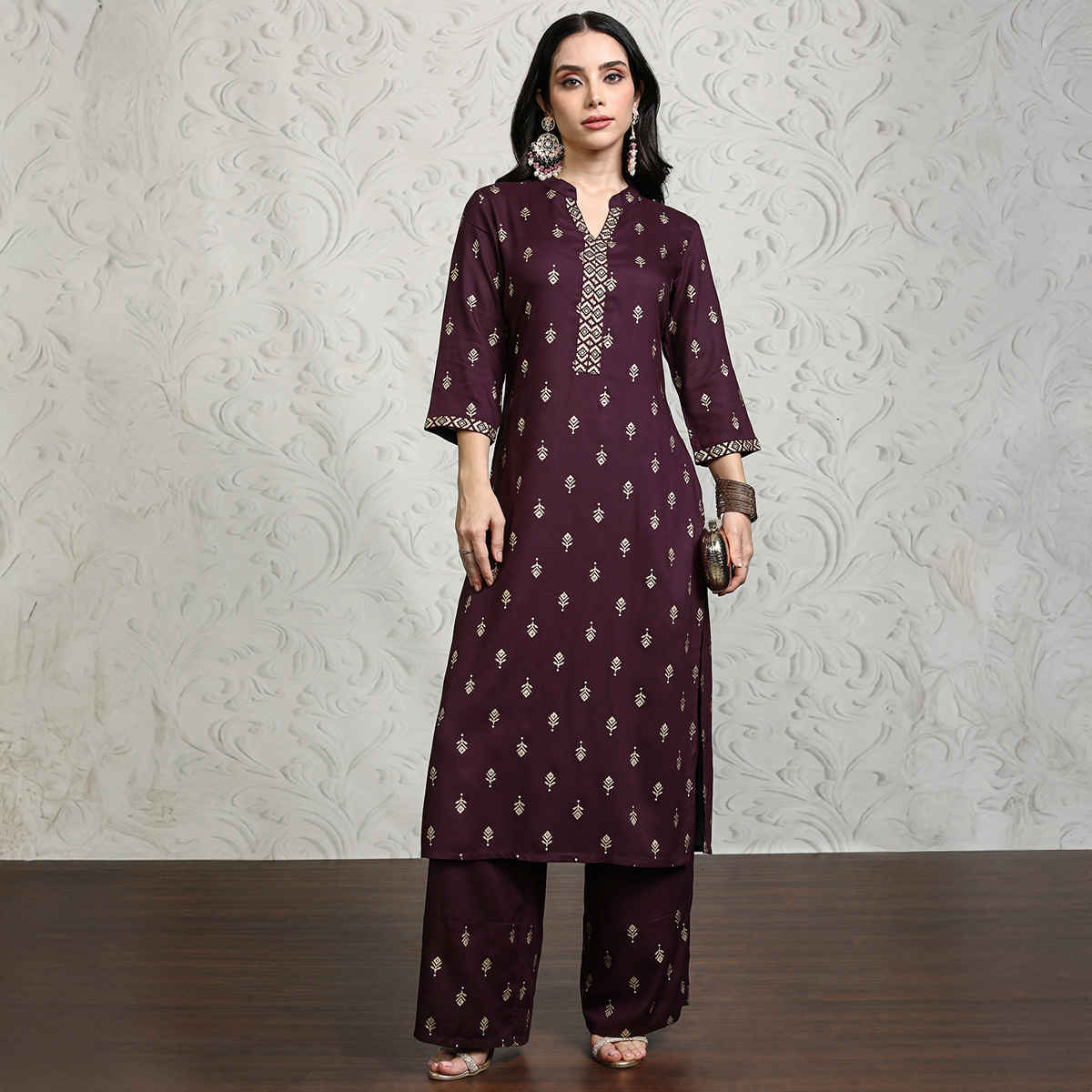 Vishudh Women's Printed Viscose Straight Kurta With Cropped Palazzo | VNK3008039 | Fig - L
