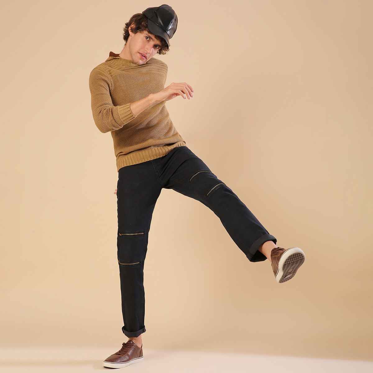 Campus Sutra Men's Hooded Sweatshirt | Beige - S