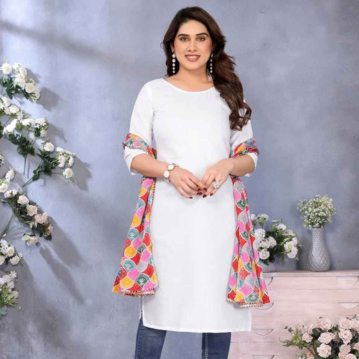 Riglozi White 3/4 Sleeves Cotton Made White Long Round Neck Regular wear Kurti for Women | L