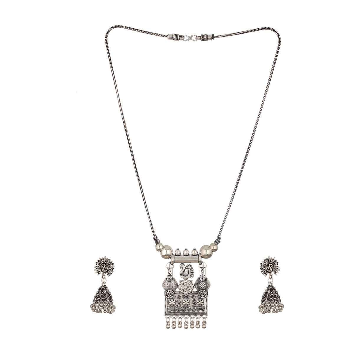 Aatmana Silver-Plated Peacock Shaped Oxidized Jewellery Set