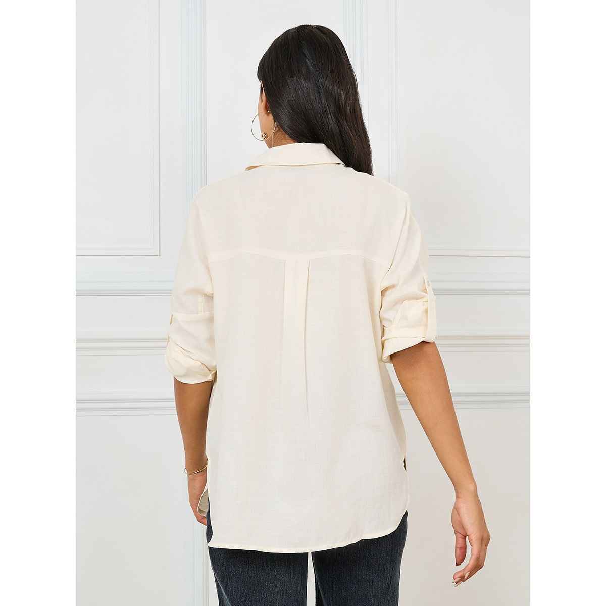 Styli Women's Extended Shoulder Cotton Shirt with Regular Fit | Off White - XS