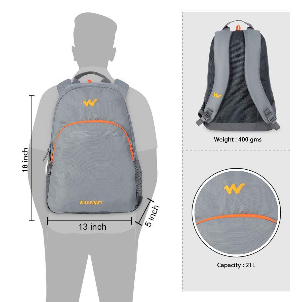 Wildcraft Unisex Polyester 21 L Backpack | Grey