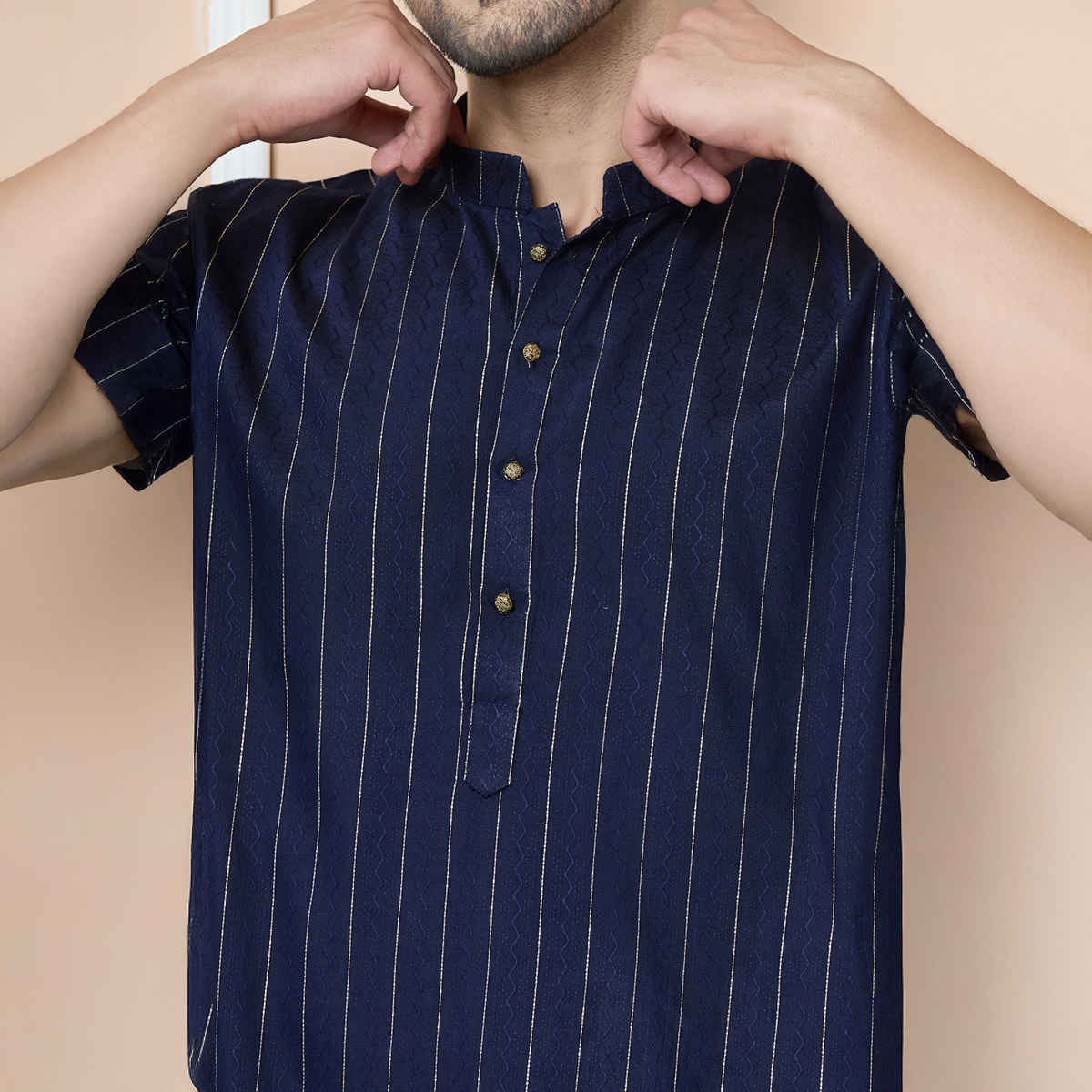 See Designs Men's Thread Work Straight Kurta | Navy - XL