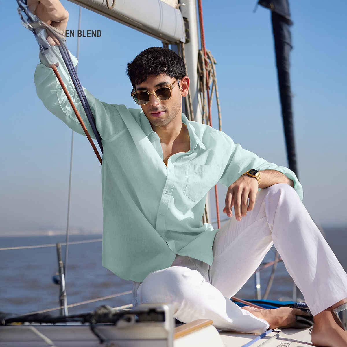 The Souled Store Men's Regular Cotton Linen- Ocean Blue Shirts | XL