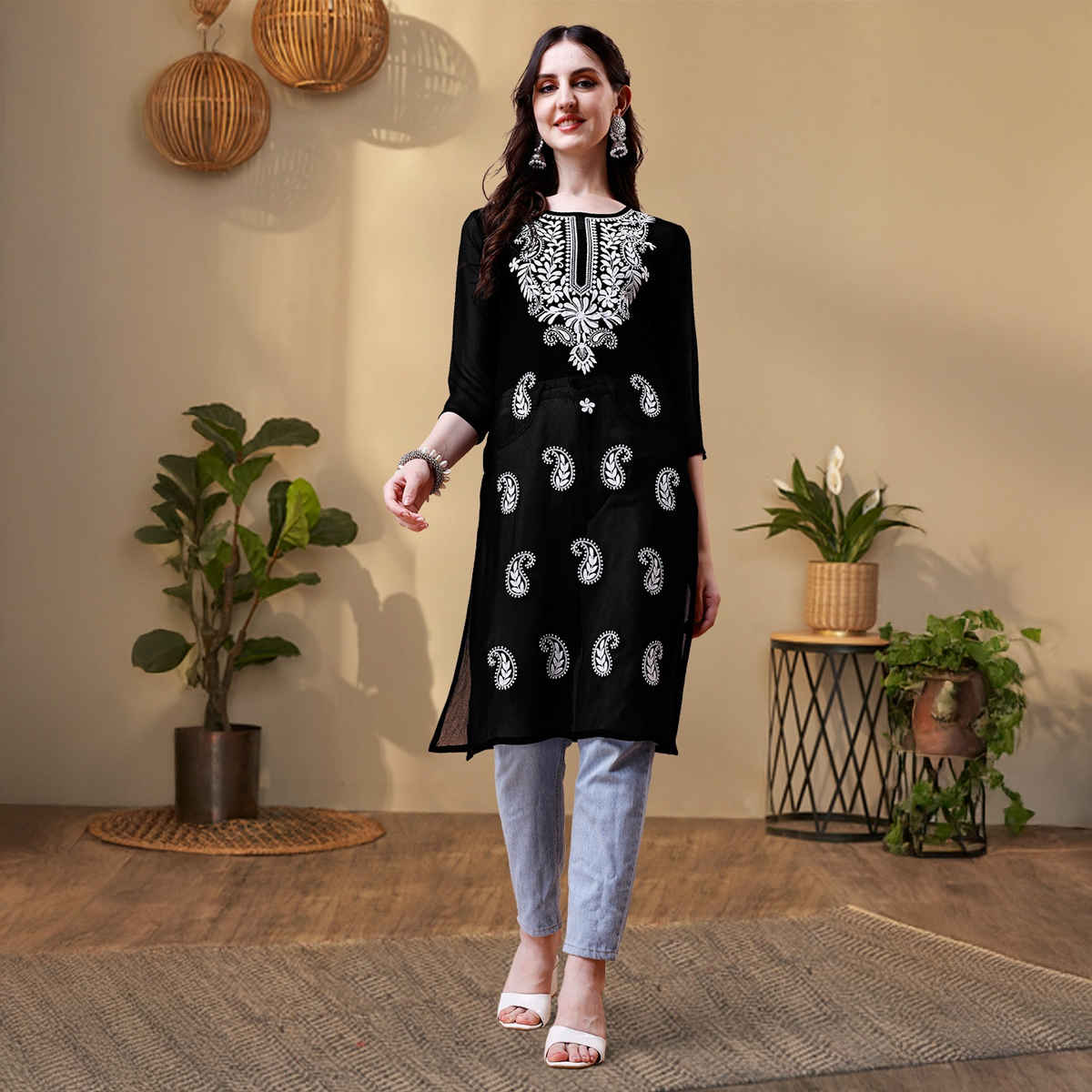 Youthnic Women Chikan Embroidery Short Kurti | B53 - Jini Black | L