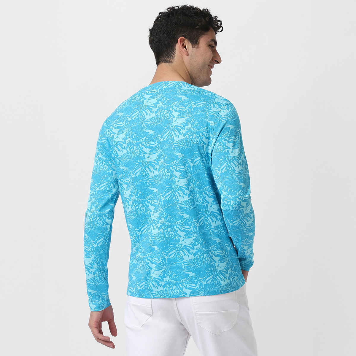 Urbano Fashion Men's Aqua Blue Printed Full Sleeve Slim Fit Cotton T-Shirt-S