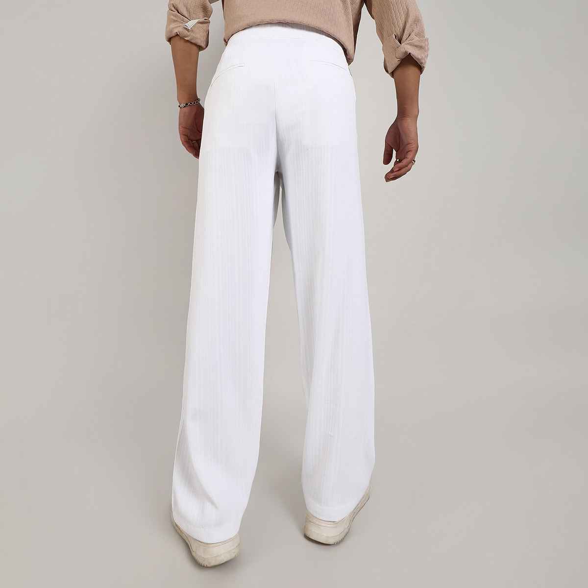 Campus Sutra Men's Tailored Linen-Blend Trousers | White - 36
