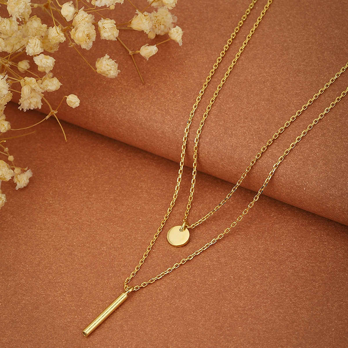 Carlton London 18kt Gold Plated Dangling Bar Double Chain Layered Necklace | FJN3130