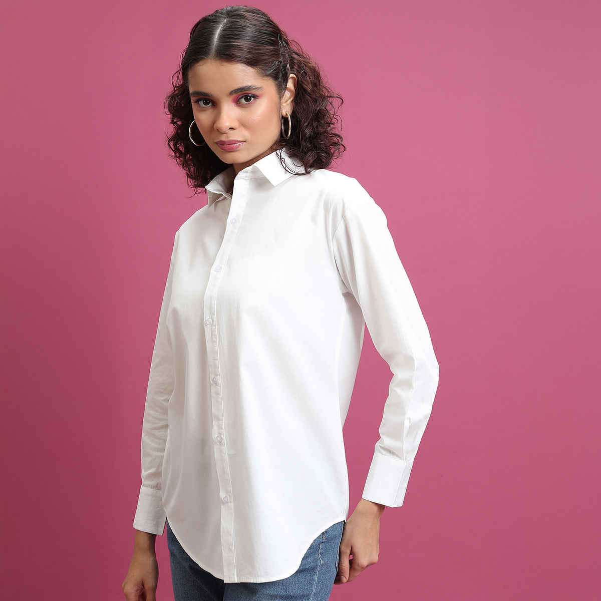 Tokyo Talkies Women's Slim Fit Drop-Shoulder Sleeves Cotton Oversized Shirt | White - S