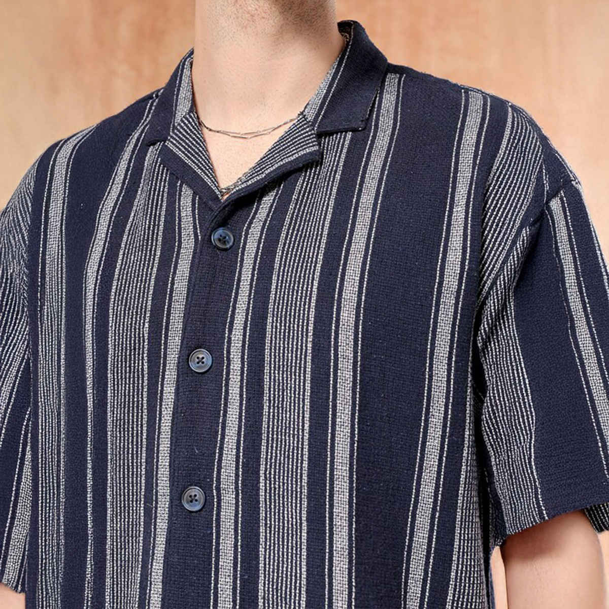 The Indian Garage Co Men's Relaxed Fit Striped Resort Half Sleeve Shirt | Indigo - S