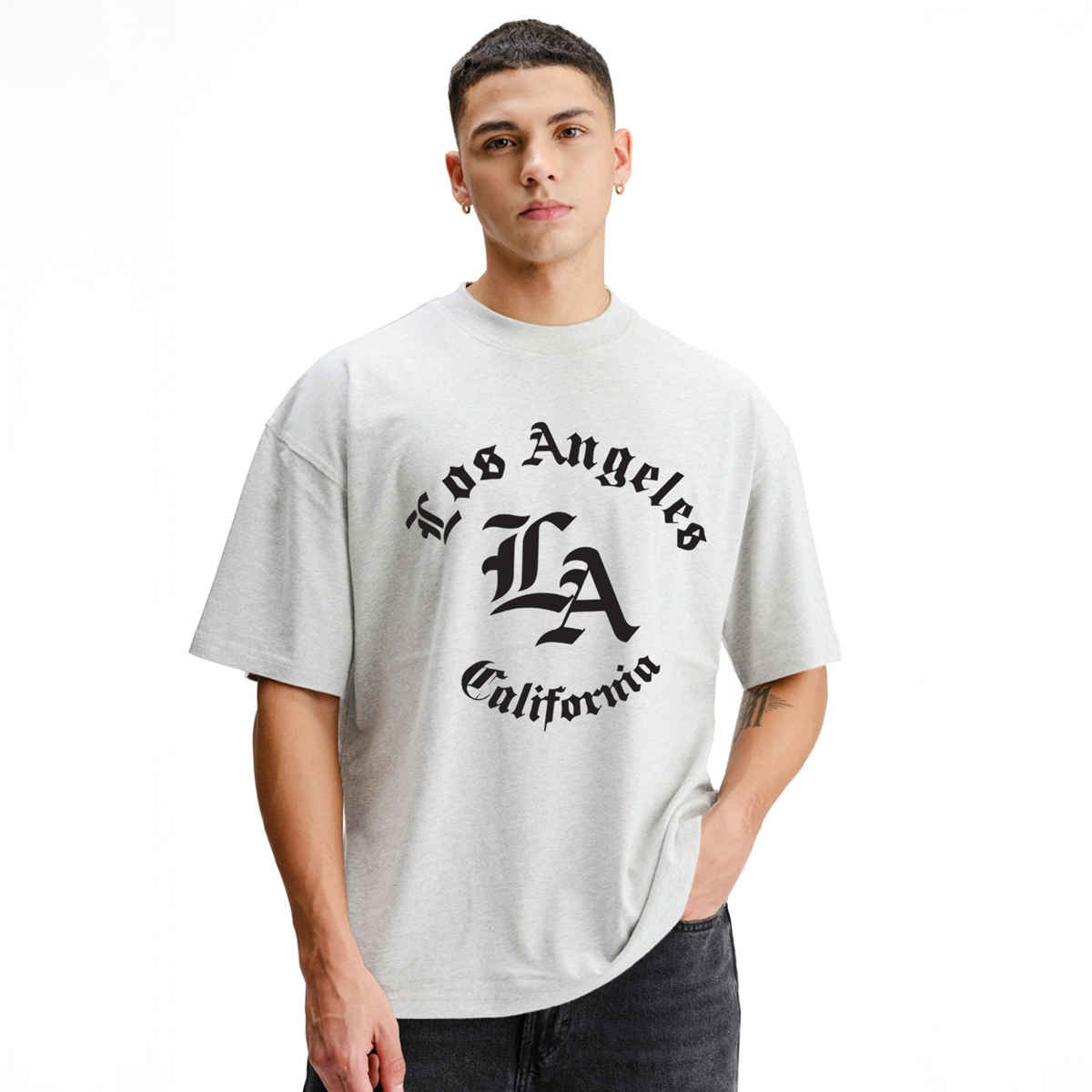 De Tees Men's Oversize T-shirt | M-OST-WHITE-MELANGE-CALIFORNIA | Grey Melange - S