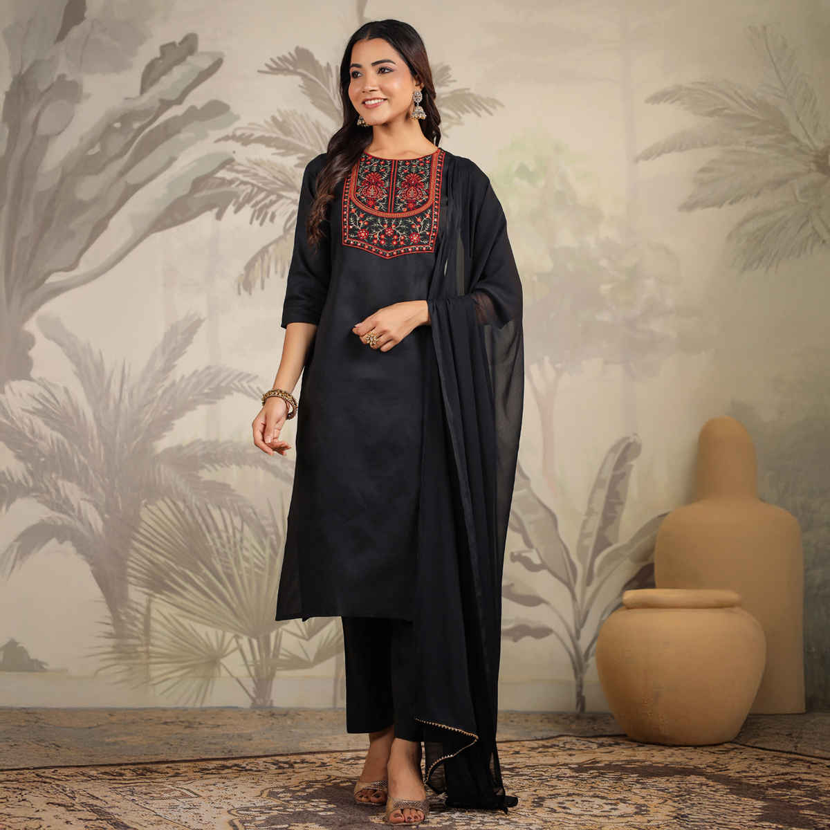 Janasya Women's Cotton Blend Yoke Embroidered Straight Kurta Set | JAC24ST02430 | Black - XL