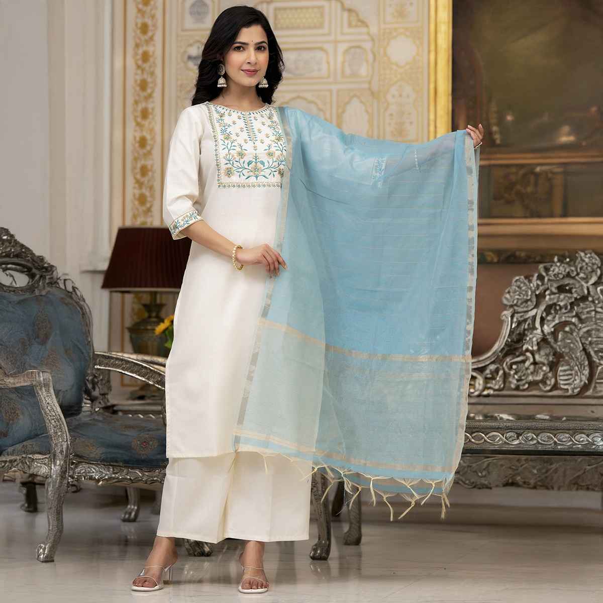Vishdhd Buy Vishudh Women's Embroidered Panel Straight Kurta with Palazzo ...