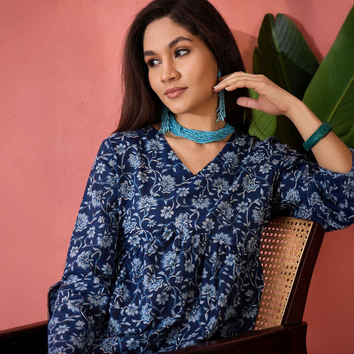 Bandia Women's Floral Printed Flared Top | Blue - XL