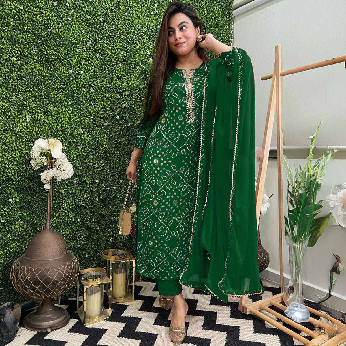GoSriKi Women's Rayon Blend Straight Printed Kurta with Pant & Dupatta | TURAE | Green - L