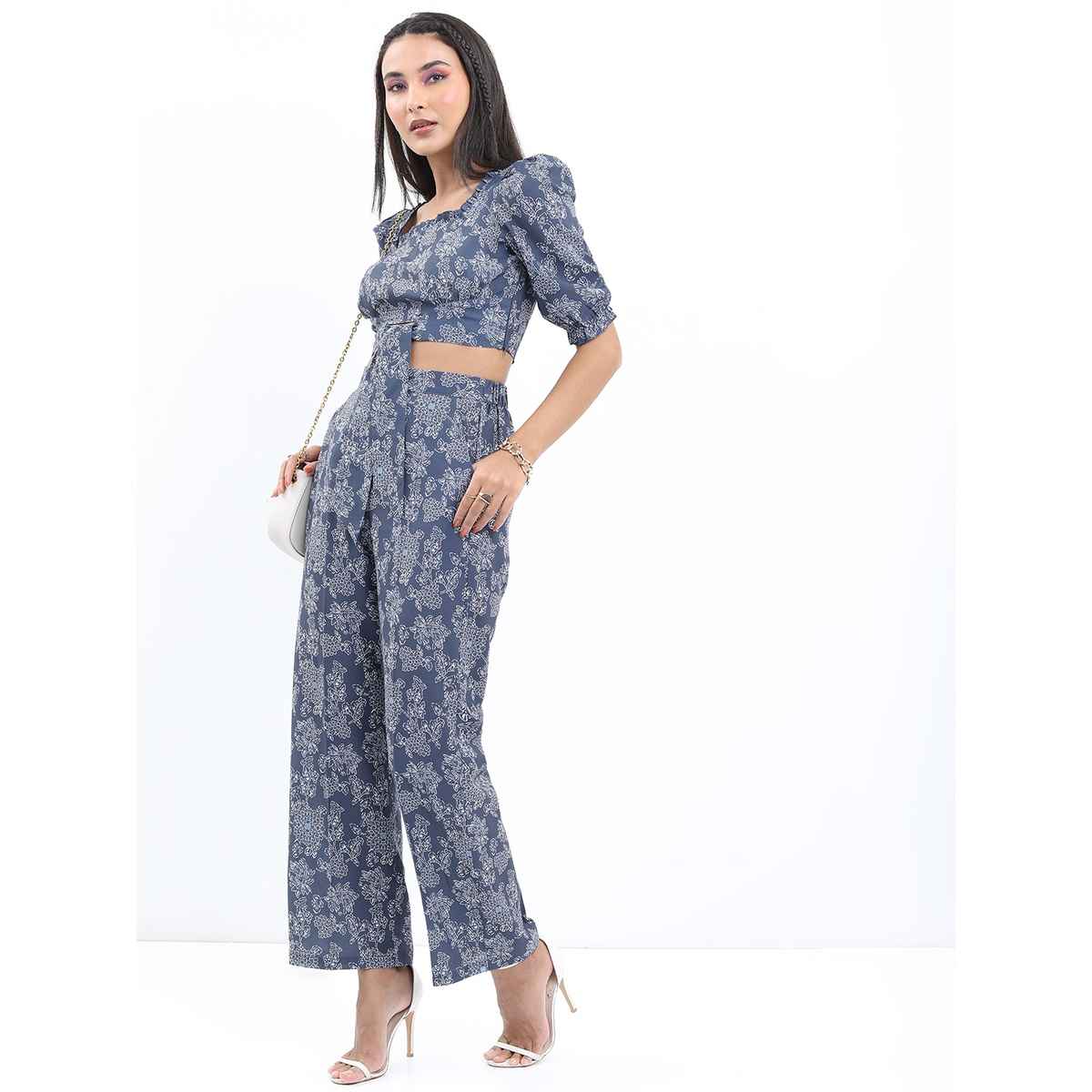 Ketch Women Floral Printed Crop Kaftan Top and Trouser Co-ords | Blue | M