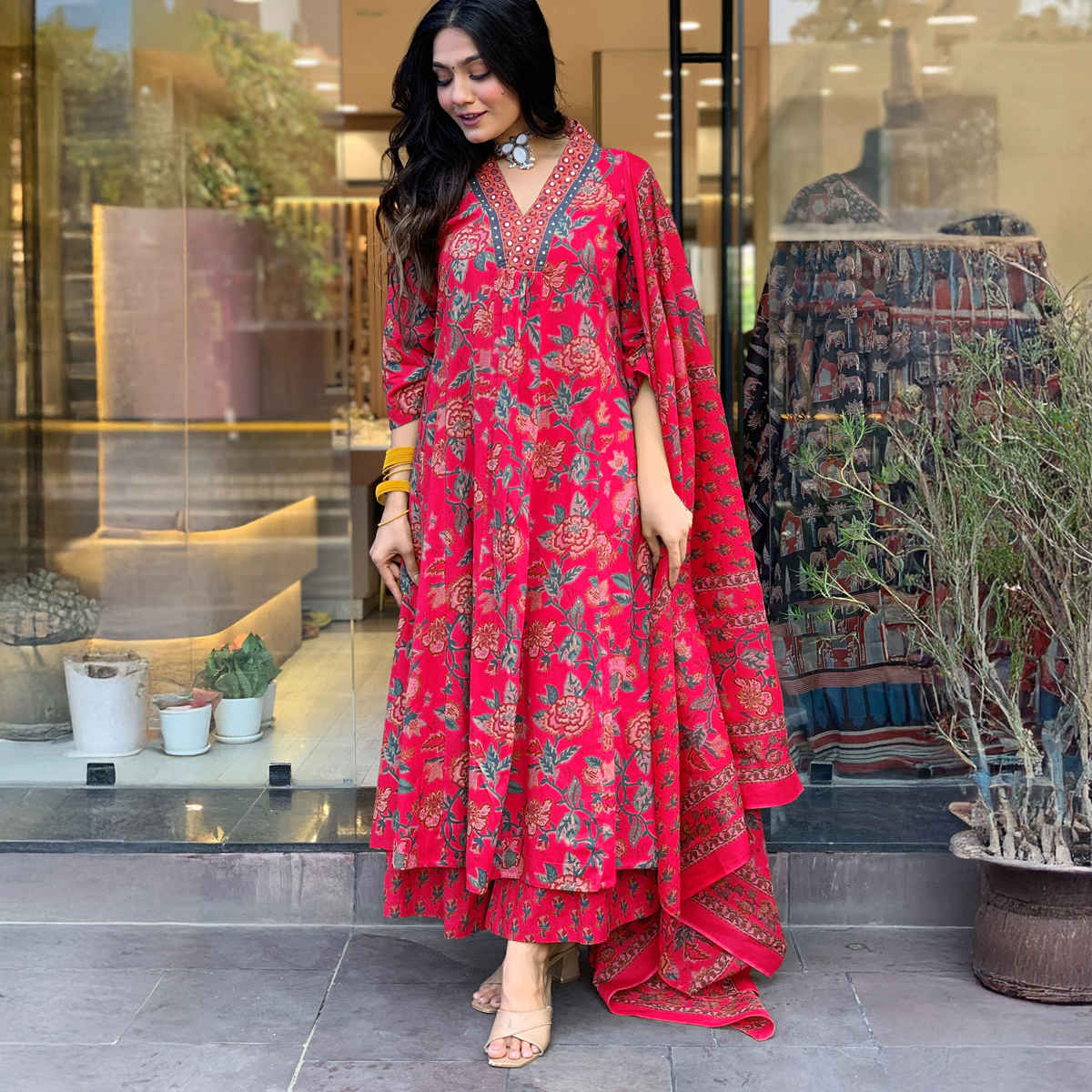 GoSriKi Women's Viscose Rayon Anarkali Printed Kurta with Pant & Dupatta | CIA | Pink - L