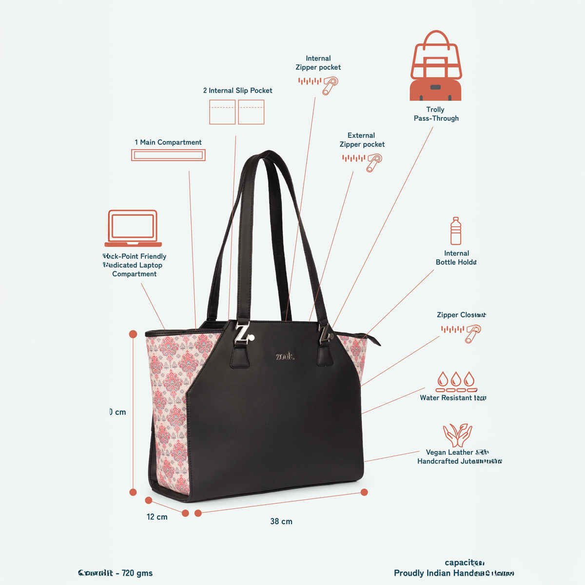 Zouk Kashmiri Tulips Classic Business Bag - Black and Pink