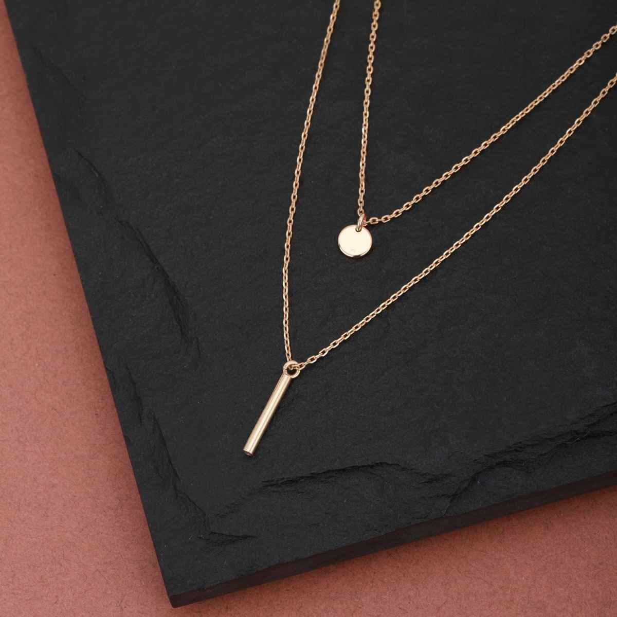 Carlton London 18kt Rose Gold Plated Dangling Bar Double Chain Layered Necklace | B523814N