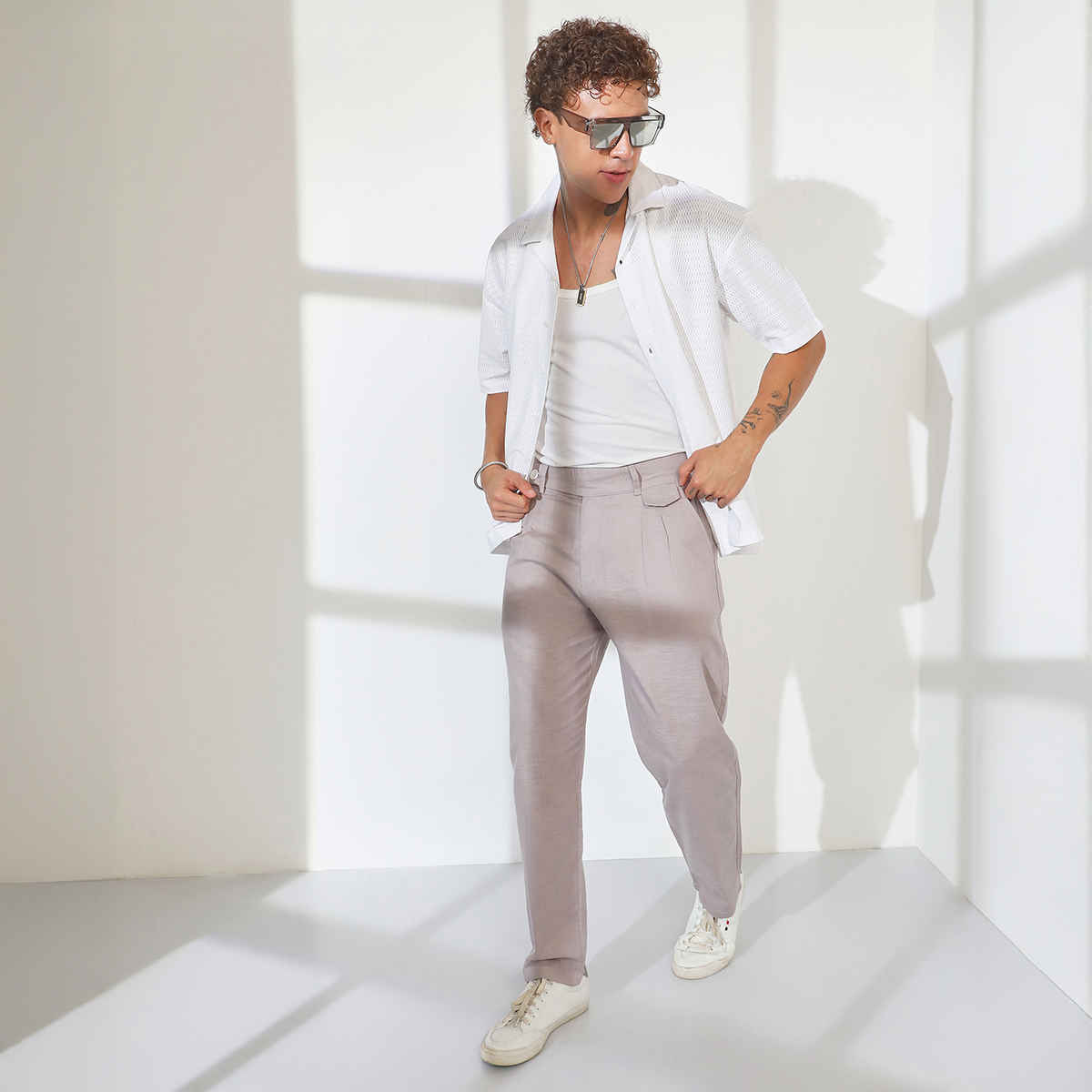 Campus Sutra Men's Tailored Linen-Blend Trousers | Grey - 32