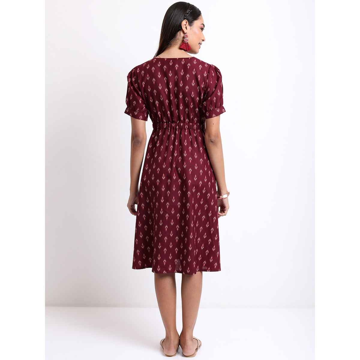 Ketch Women's Ethnic Motifs Printed Gathered A-Line Midi Dress | Brown - S