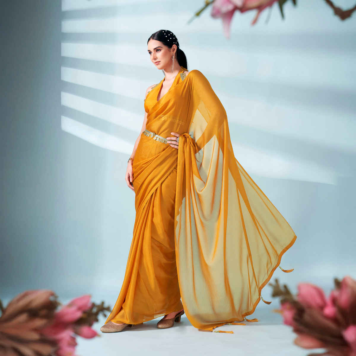 Tikhi Imli Women's Zari Weaving Satin Saree With Unstitched Blouse | Mustard