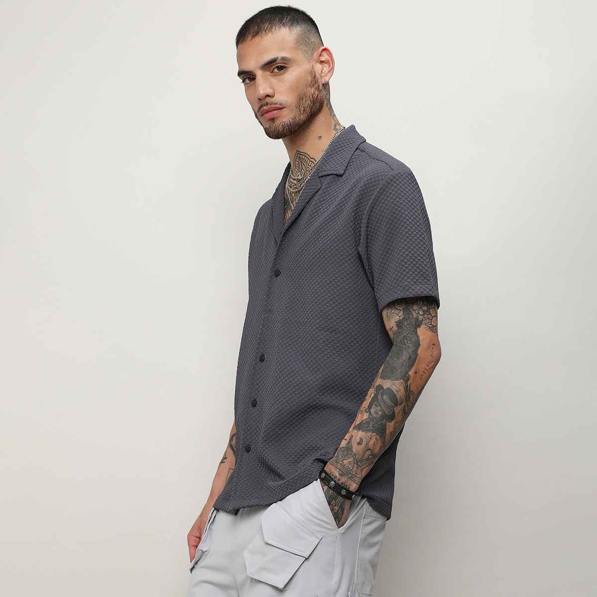 Campus Sutra Men's Self - Design Block Shirt | Grey - XL