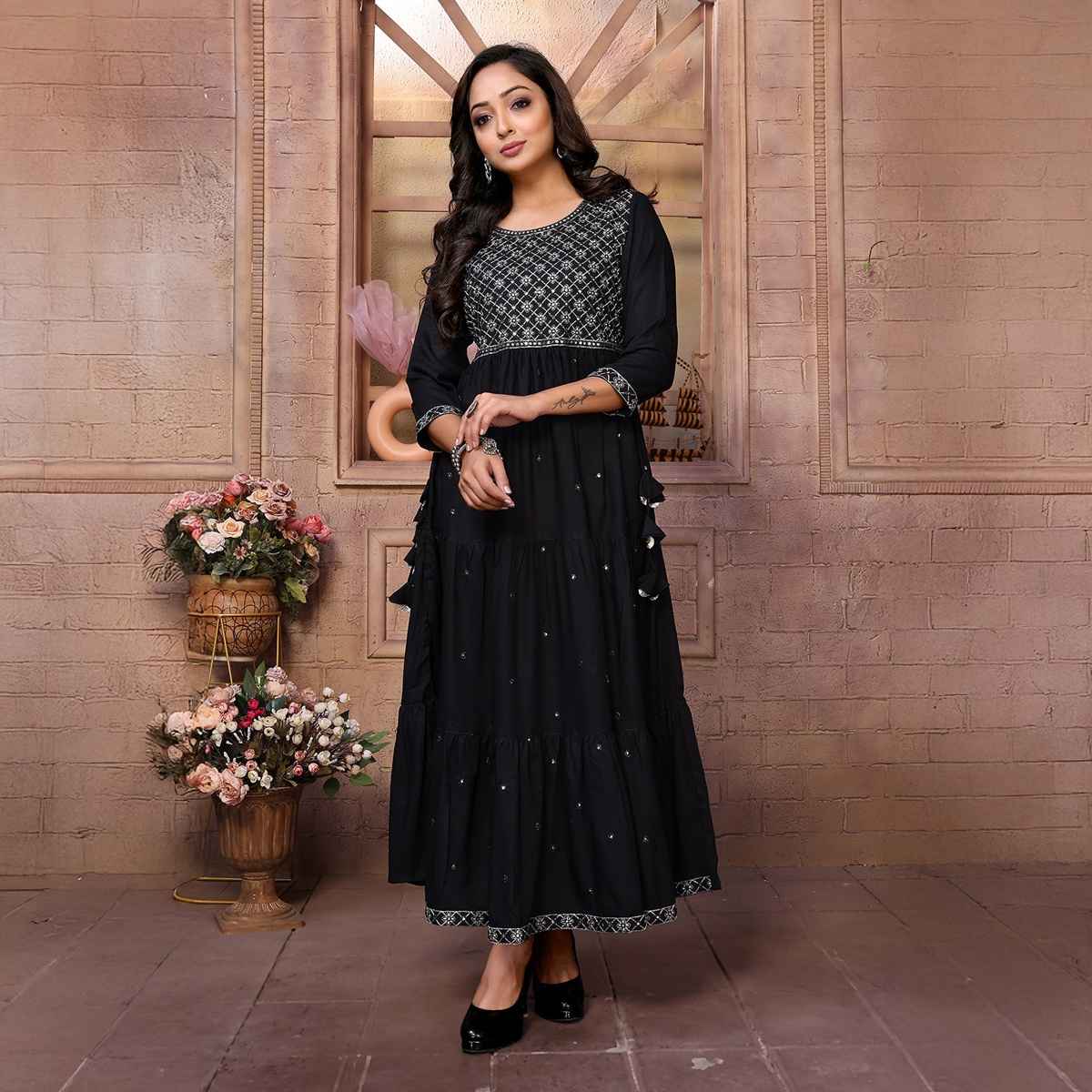Rangita Women's Black Rayon Embroidered Ankle Length Tiered Flared Kurta | M