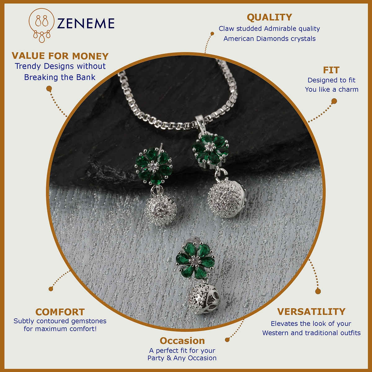 Zeneme Rhodium-Plated Silver Green CZ-AD Floral Cute Pendant Earrings Jewellery Set For Women