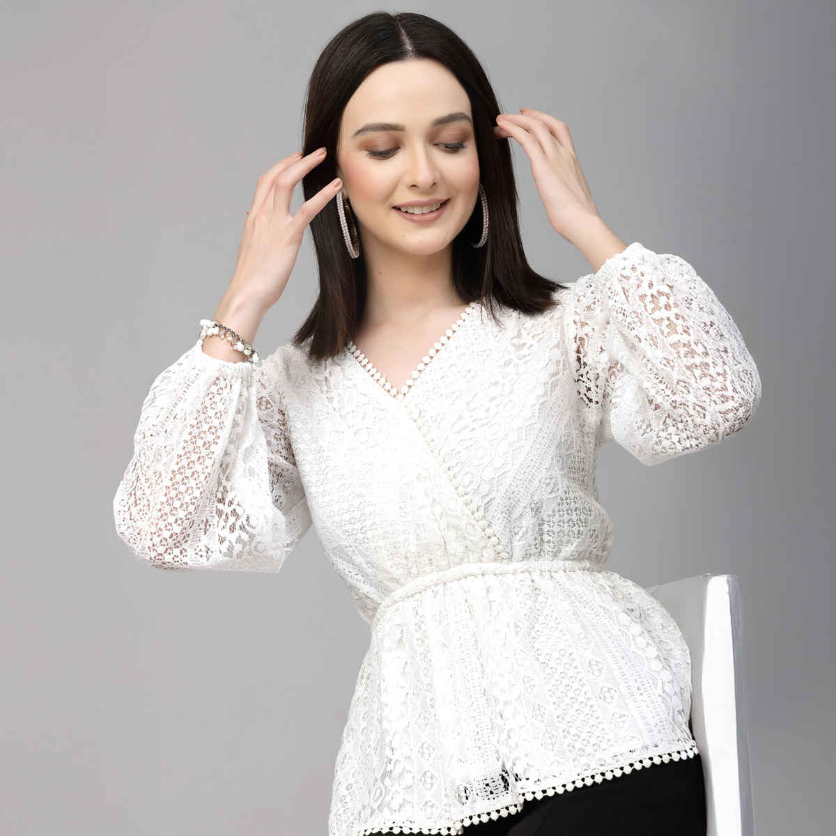 Style Quotient Women White Self Design Lace Regular Casual Peplum Top | L | SS23SQLACEY - White