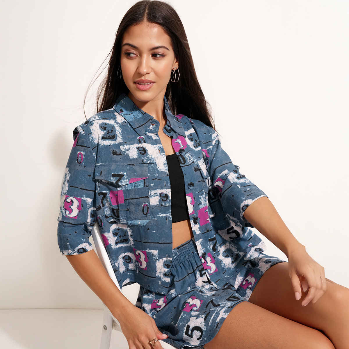 Tokyo Talkies Women's Printed Shirt And Shorts Co - Ord Set| Blue - L