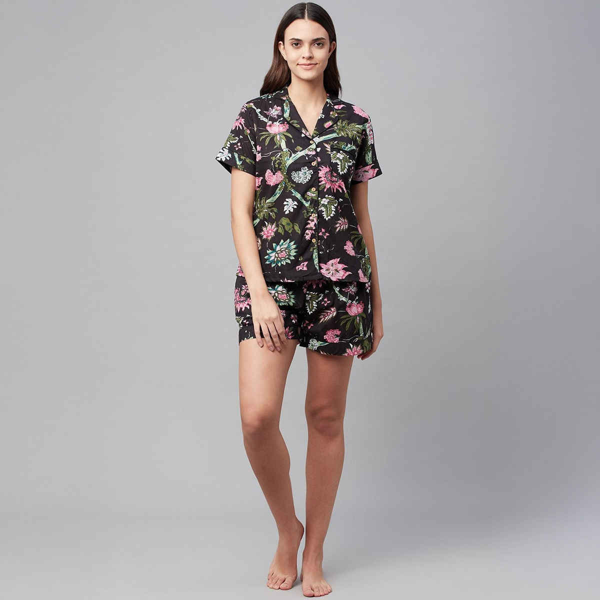 Divena Cotton Floral Print Women's Night Suit | DK0222 | Black - L