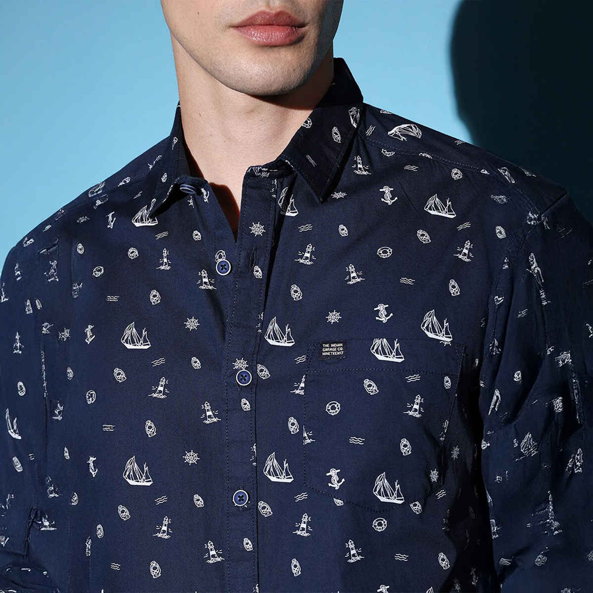 The Indian Garage Co Men's Slim Fit Conversational Print Casual Shirt | Navy Blue - L