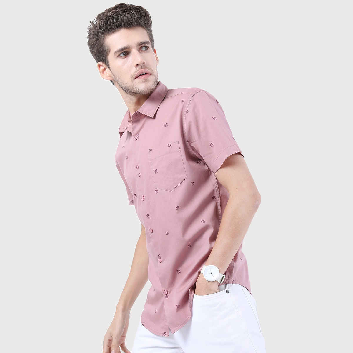 Ketch Men Pink Slim Fit Conversational Printed Casual Shirt | Pink | L