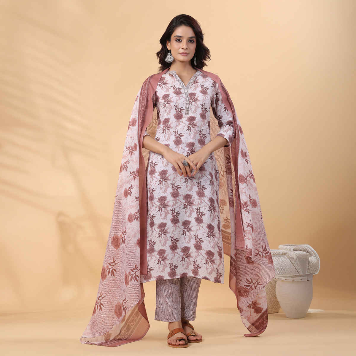 Janasya Women's Cotton Blend Floral Printed Straight Kurta Set | White - XS