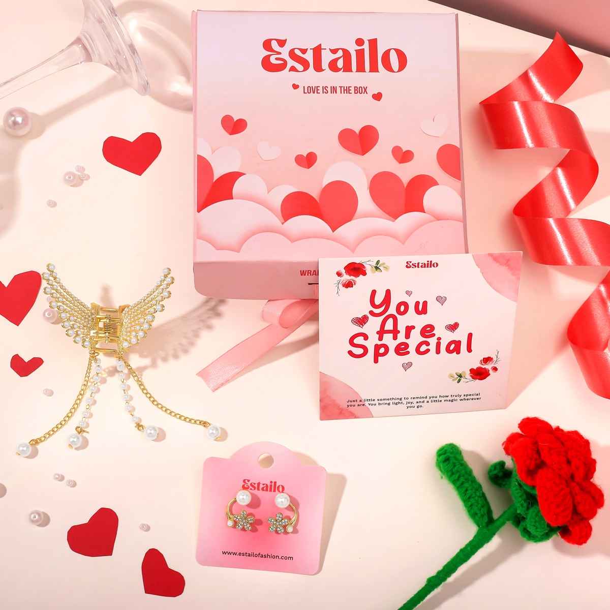 Estailo Fashion Elegant Gift Set with Earrings, Rose & Hair Accessory | Women's Day